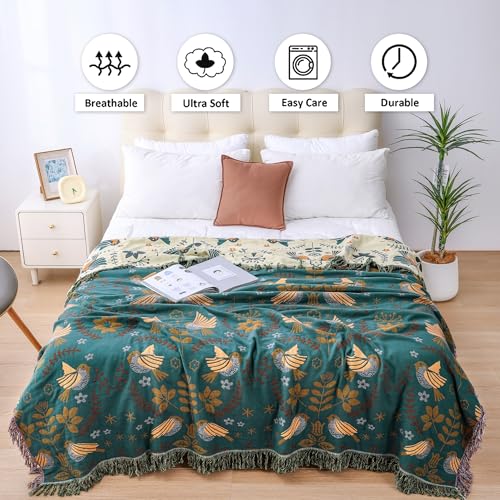 Image of VANJOROY Boho Throw Blanket, 100% Organic Cotton Breathable Ultra Soft 80 inch x 90 inch Bed Quilt Throw - Floral Rustic Bird Farmhouse Decor Luxury Reversible Blanket for Sofa Couch Chair and Gift,Teal /Beige