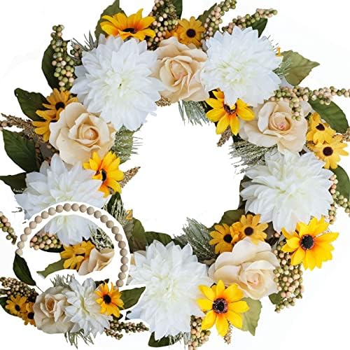 EGOLOT 24Inch Door Decor Wreath, Spring Fall Everyday Front Door Wreath Sunflower Dahlia Flower Wreath, Large Size Flower Wreath for Home