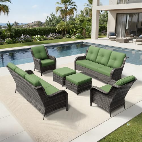 Image of Joyside 6 Piece Wicker Patio Furniture Set, Rattan Patio Chairs with High Back, Deep Seating, Wide Armrest, Thickened Cushions, Outdoor Furniture for Deck, Porch Use