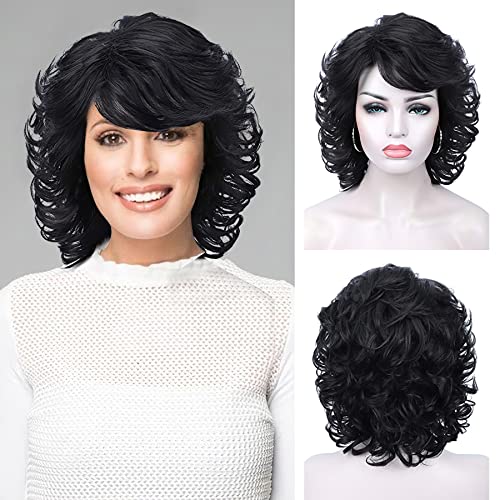 Kalyss Short Black Curly Wavy Premium Synthetic Hair Wig for Women Heat Resistant Synthetic Wigs with Hair Bangs Costume or Daily Hairpiece