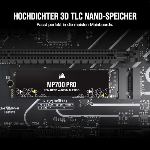 Corsair MP700 PRO 4TB M.2 PCIe Gen5 x4 NVMe 2.0 SSD - M.2 2280 - Bis zu 12.400MB/sec Sequentielles Lesen - High-Density TLC NAND - Schwarz – Ansicht 6