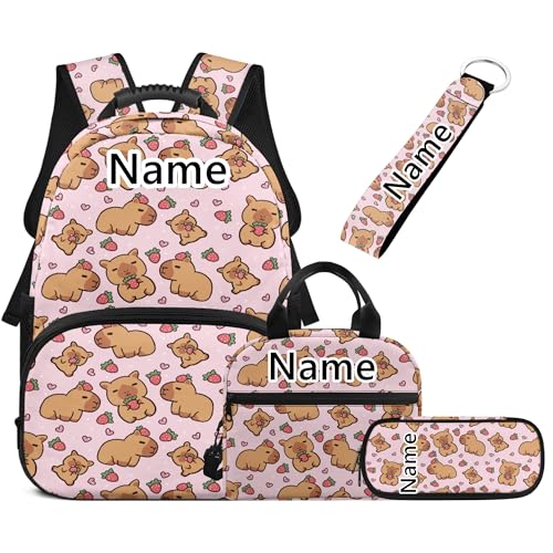 WELLFLYHOM Personalized Capybara School Bag Set for Girls Custom 4 in 1 Strawberry Book Bag with Lunch Box Three Layer Pencil Case for Junior High School Students Kids Backpack Set