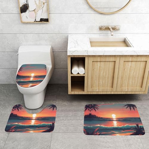 Tapis de salle de bain antidérapants lot de 3 avec motif coucher de soleil et contour WC