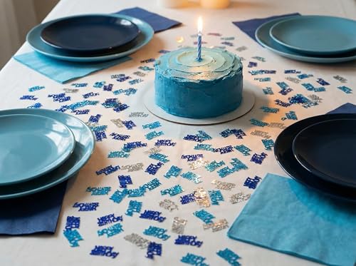 Image of Happy Birthday Confetti - Table Sprinkling Scatter Decoration, Blue & Silver Party Supplies