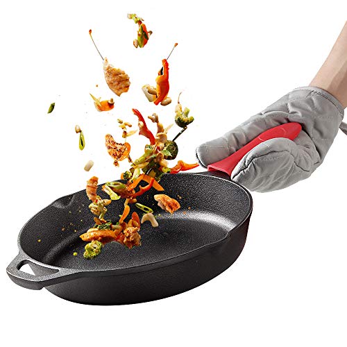 Virklyee® Poêle en Fonte Noir 30CM Fonte Skillet Fonte Poêle Rond Poêles à Frire Skillet Gril en Fonte Poignée en Silicone Compatible avec Toutes Sources de Chaleur (L2 - Gants gratuits)