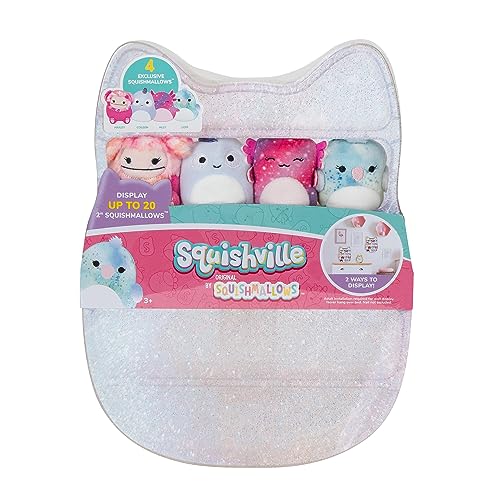 Squishville by Original Squishmallows Play and Display Storage - Four 2-Inch Plush Included - Big Foot Axolotl Parrot Chameleon - Hang or Stand Display Case - Amazon Exclusive
