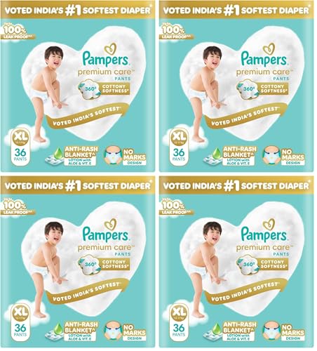 Image of Pampers Premium Care Pant Style Baby Diapers | Extra-Large (XL size) | 36 Count | Voted India's Softest | All-in-1 with 360 Cottony Softness Diapers | 12-17kg (Pack of 4)