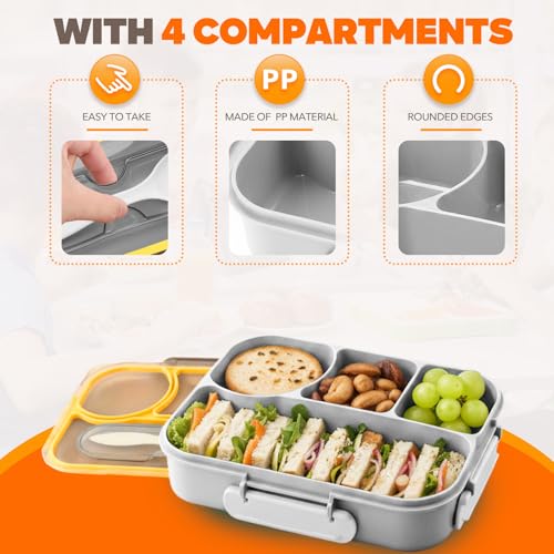 Image of EASYFUN Bento Box Adult, Lunch Box, 4-Compartment Lunch Containers, Drop-Proof, Dishwasher Safe & Made with BPA-Free Materials (Grey)
