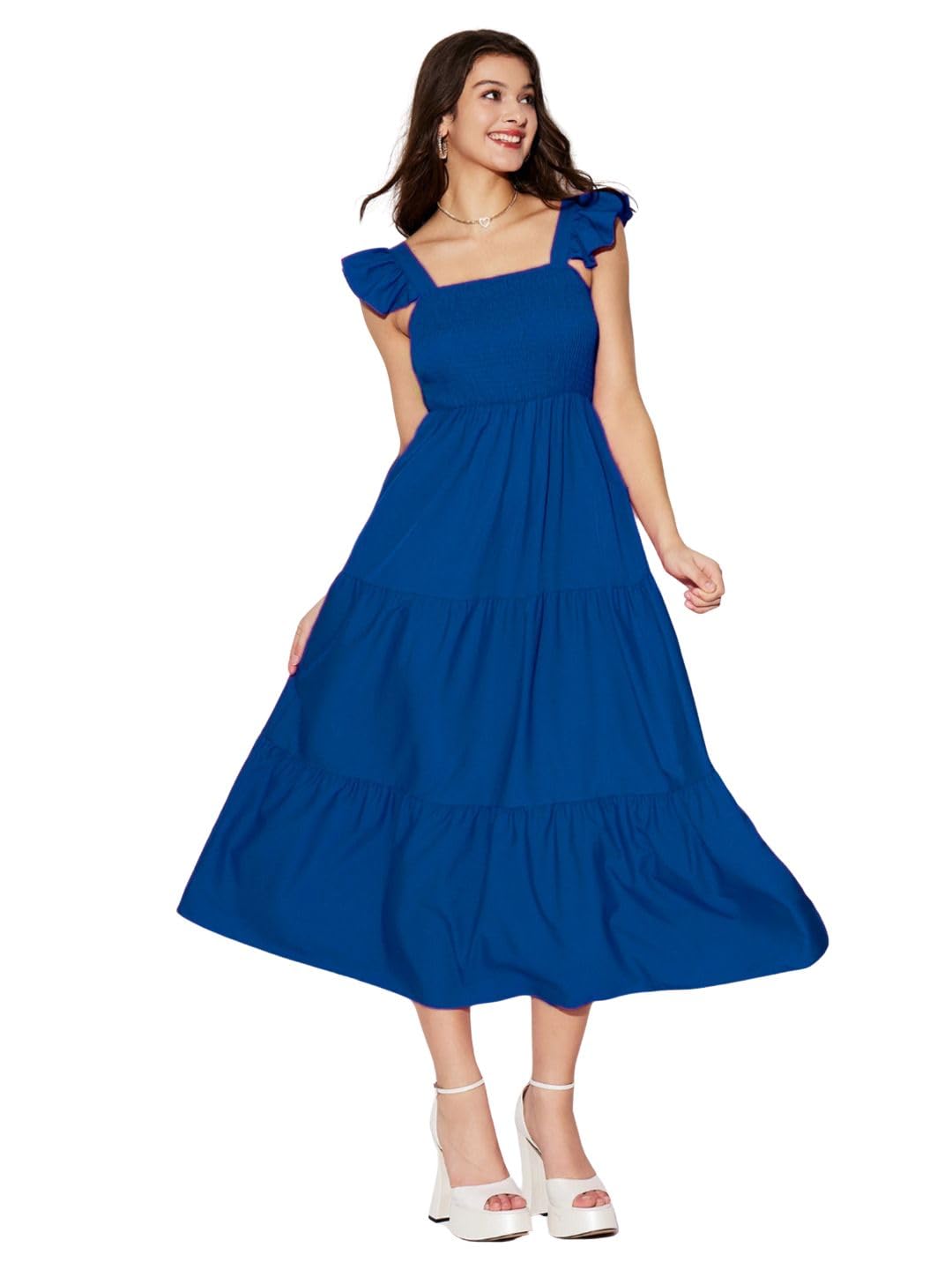High Waist Women Ruffled Strap Dress Square Neck Smocked Maxi Party Dresses-image-37