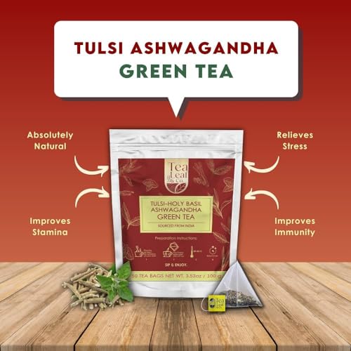 Image of Tulsi Ashwagandha Green Tea Bags (50 Count), Green Tea with Tulsi, Ashwagandha, Lemongrass and Black Pepper, Caffeinated, Real and Natural Green Tea, Blended with Fresh Herbs and Spices, Gluten Free
