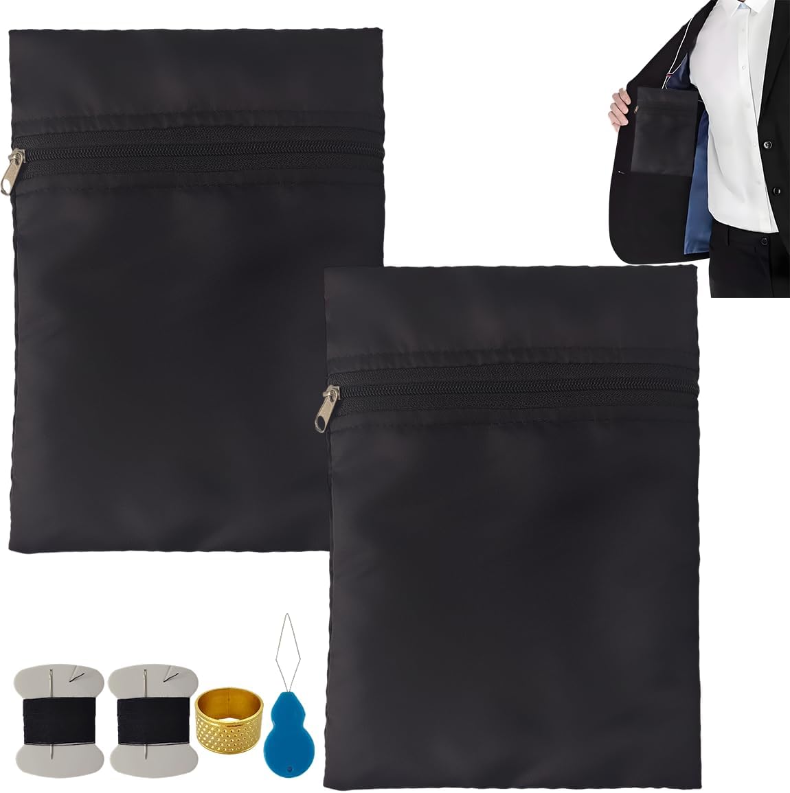 2PCS Sew-in Side Pocket with Zipper,Coat Inside Pockets,Drainage Pouch for Mastectomy Recovery, Travel Security Pocket，Hidden Wallet for Robes Clothing Jacket Hoodie Sweatshirt Sweater