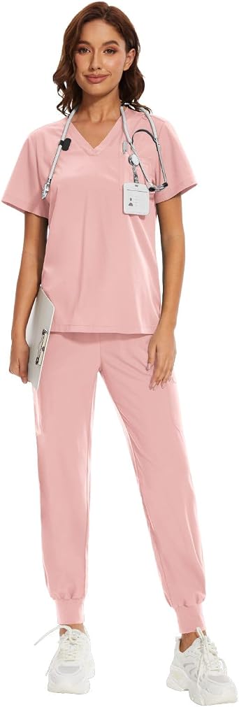 niaahinn Womens Breathable Cool Stretch Scrub Top and Yogger Waistband Pant with Multi-Pockets