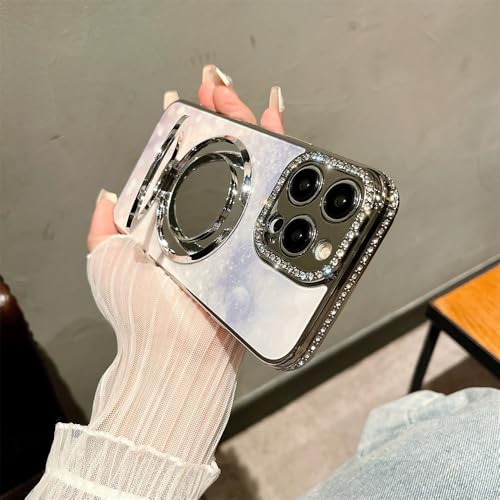 Coque miroir diamant pour iPhone 15 Pro Max, étui de luxe violet avec support magnétique chic - 4