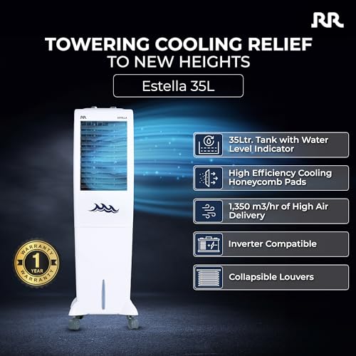 Image of RR Estella 35 LTR | Personal Tower Air Cooler with High Air Delivery, Honeycomb Pads, Castor Wheels | Room Cooler with Inverter Compatibility| 35L | 1 year Warranty