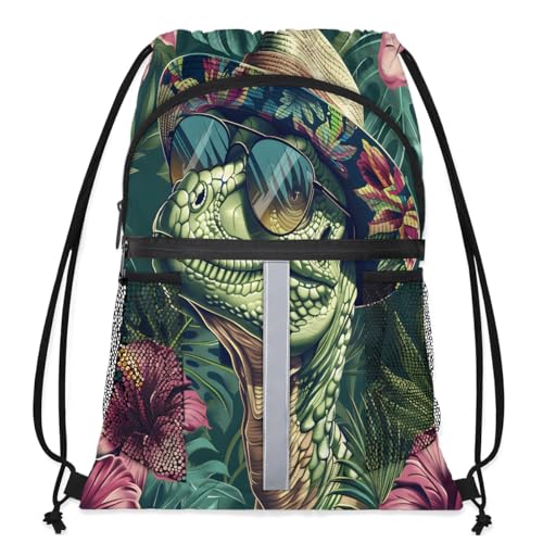 Adornori Dinosaur Drawstring Backpack with Water Bottle Pocket Lightweight String Bag Dinosaur Jungle Funny Sports Gym Swim Sackpack for Men Women