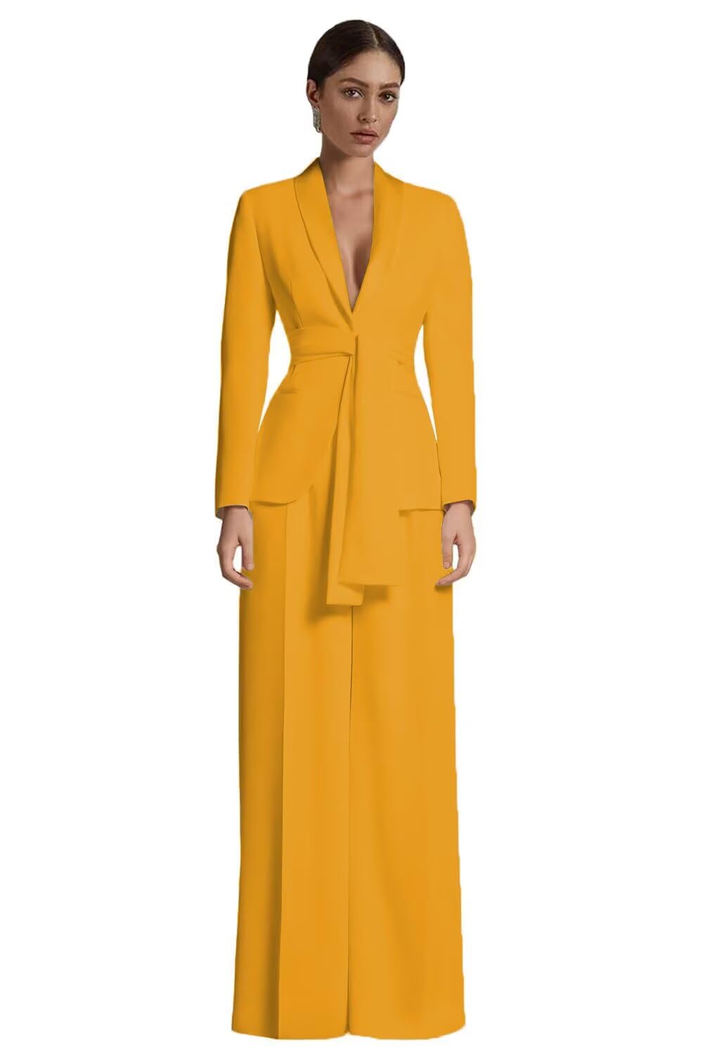 Womens 2 Piece Outfits V Neck Tie Waist Blazer and Wide Leg Pant Suits for Women Dressy Business