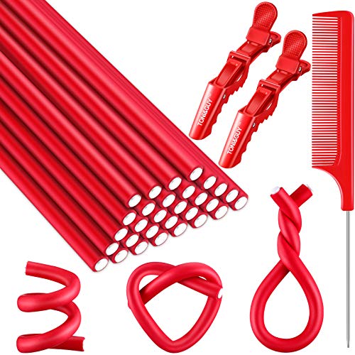 30 Pieces Flexible Curling Rod Hair Curler Soft Foam No Heat Hair Rods Rollers Twist-Flex Styling Hair Roller with Steel Pintail Comb and 2 Pieces Alligator Hair Clip (Red,0.3 x 9.4 Inch)