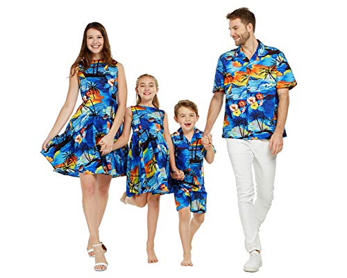 Couple Matching Hawaiian Luau Cruise Outfit Shirt Vintage Fit and Flare Dress Sunset with Dolphin2