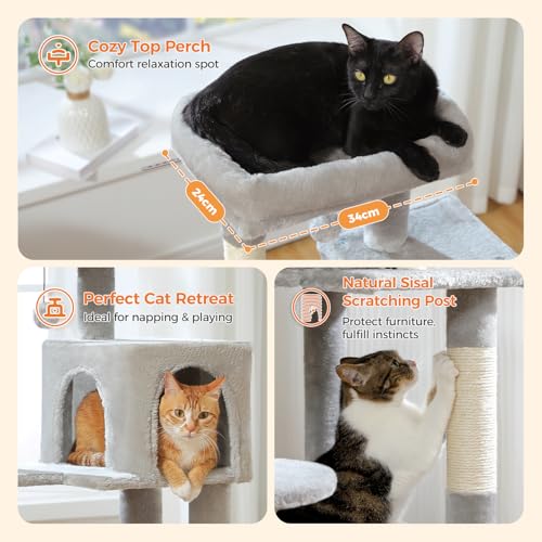 Image of MUTTROS Cat Tree for Indoor Cats, 44.5 inch Multi-Level Cat Tower with Large Metal Frame Hammock, Cat Condo with 2 Scratching Posts and Top Perch for Small to Medium Cats, Grey