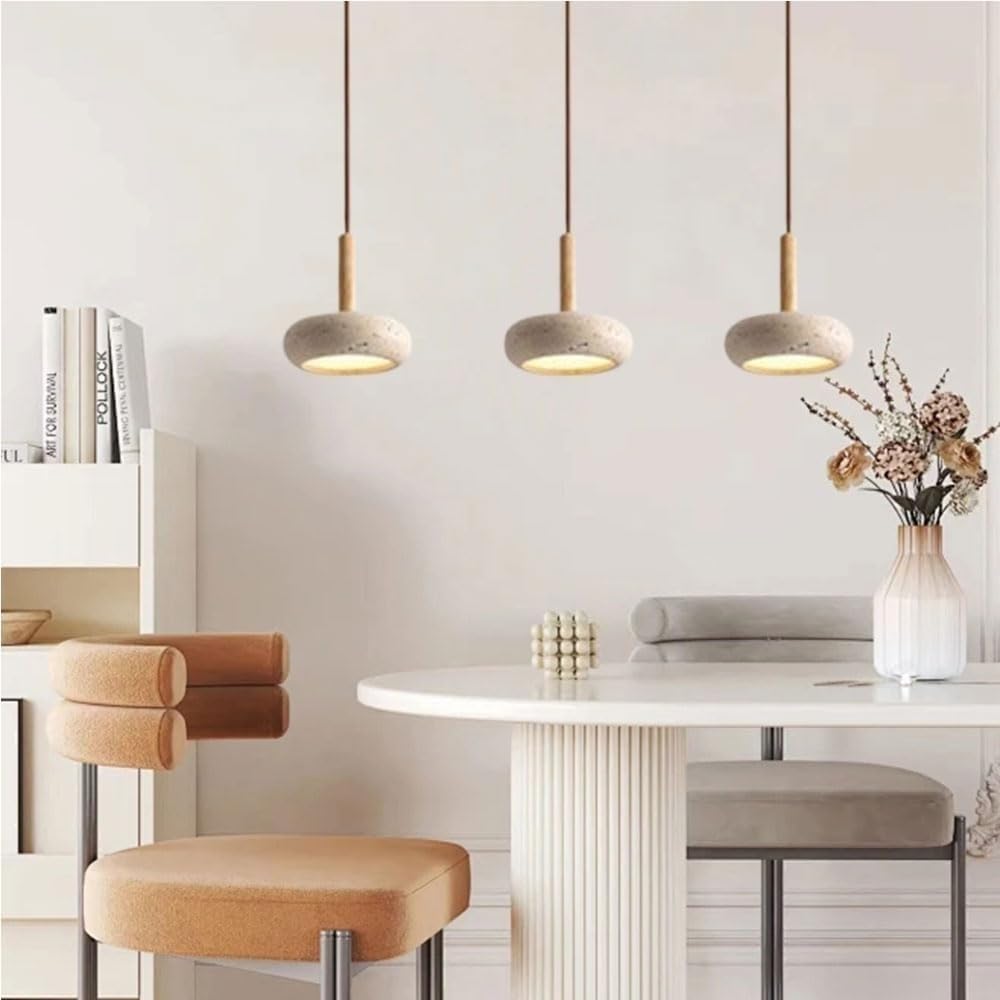 Nowoczesna i minimalistyczna lampa wisząca z 3 regulowanymi światłami, żółty żyrandol trawertynowy, drewniana podstawa, wisząca oprawa do sypialni lub salonu (prostokątny, 80 cm)