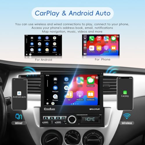 Autoradio 1 Din avec Carplay et Android Auto via Écran Tactile 7 Pouces Bluetooth