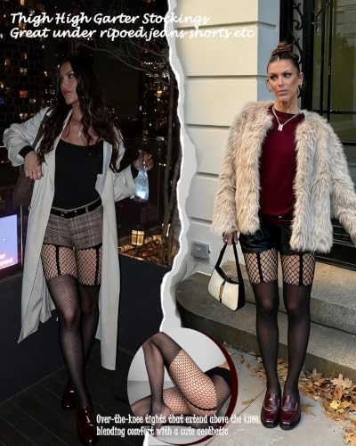 Image of Sexy Faux Thigh High Tights Mock Suspender Pantyhose Fishnet Stockings Striped Goth Fishnets for Women
