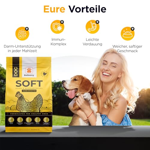 Balloony Softes Trockenfutter für Hunde | Halbfeuchtes Superfood mit Bio-Huhn | Präbiotische Rezeptur mit Inulin aus Chicorée, MOS & Beta-Glucanen | Für ausgewachsene Hunde (500 g)