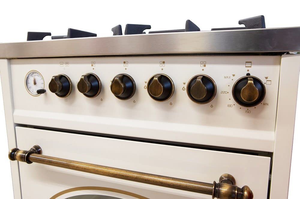 GURARI Gas Standherd 60 cm GCH E 614 Creme Gasherd mit Elektrobackofen | Drehspieß | Elektro-Analog-Timer mit STOP-Funktion | Schublade mit Push-Pull | Gas Control | Range Cooker Erdgas/Propan