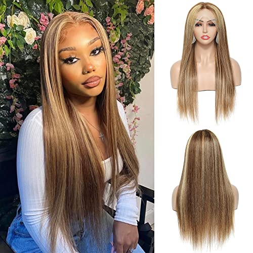 Highlight Ombre Lace Front Wig Human Hair Colored Colored for Women Pre Plucked 150% Density Brazilian T-Part Straight Lace Wig with Baby Hair(20Inch,13x4x1)