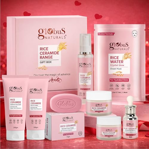 Image of Globus Naturals Valentine Special Rice Ceramide Korean Glass Skin 8 Step Skincare Gift Set | Face Wash, Scrub, Cream, Serum, Toner, Peel off Mask, Sheet Mask, Soap | Brightening & Glow Care for Men & Women