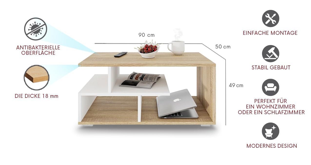 Tavolino Da Caffè Meble Pitus - 90x50x49 Cm, Con Vanzo Archivio, Design Moderno, Quercia Sonoma/Bianco - Foto 3