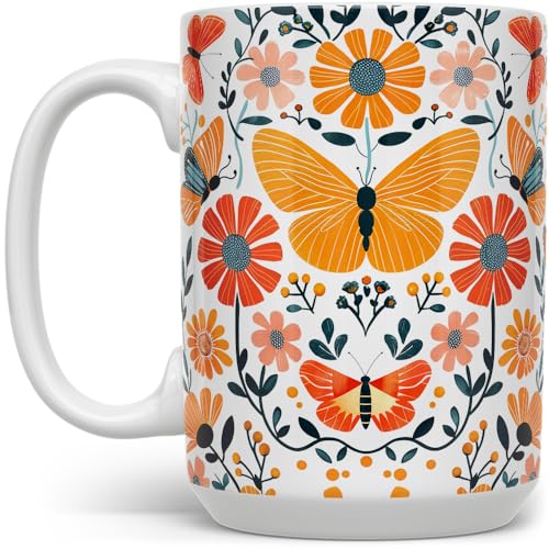 Taza de cerámica floral con mariposas 15oz miniatura 1