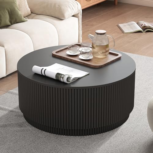 Image of 31.5 inch Round Coffee Table with Storage, Modern Accent Coffee Tables with Fluted Base, Wooden Circle Center Table for Living Room Small Space Apartment Office (Black)