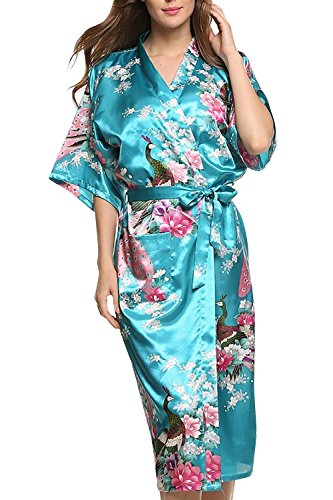 Dolamen Damen Morgenmantel Kimono, Glatte Satin Nachtwäsche Bademantel Robe mit Peacock und Blume Kimono Negligee Seidenrobe locker Schlafanzug, Langer Stil (Large, Lakeblue)