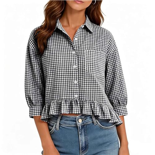 Image of Women's Plaid Ruffle Hem Blouse 3/4 Puff Sleeve Button Down Shirt Casual Cropped Collared Top UK Lightweight Breathable Summer T-Shirt Versatile Everyday & Holiday Wear
