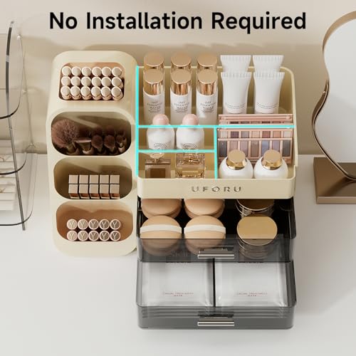 Image of UFORU Makeup Organizer for Vanity with Brush Holder, Large Capacity Bathroom Countertop Skincare Organizer with 2 Drawers, Cosmetic Display Case for Perfumes, Eyeshadow Palettes, Nail Polishes