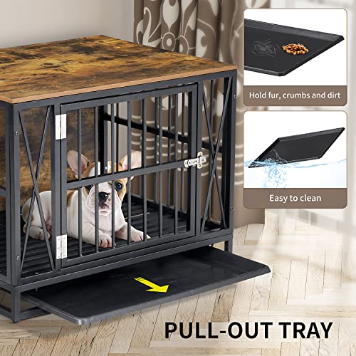 Furniture Style Dog Crate, 32" Wooden Dog Kennel With Tray And Lockable Door, Dog Cage End Table For Small & Medium Dogs, Rustic Dog Crate House Cage Indoor #TOP2