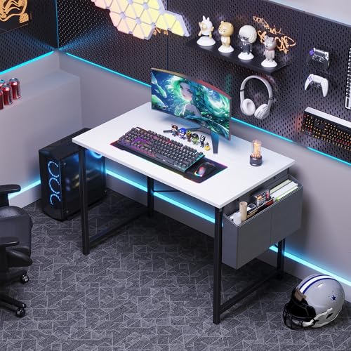 Image of OLIXIS Computer Desk, 44 Inch Gaming Desks for Home Office Small Spaces | Writing Study Craft Work Table, Computer Workstation for Bedroom with Storage Bag, White