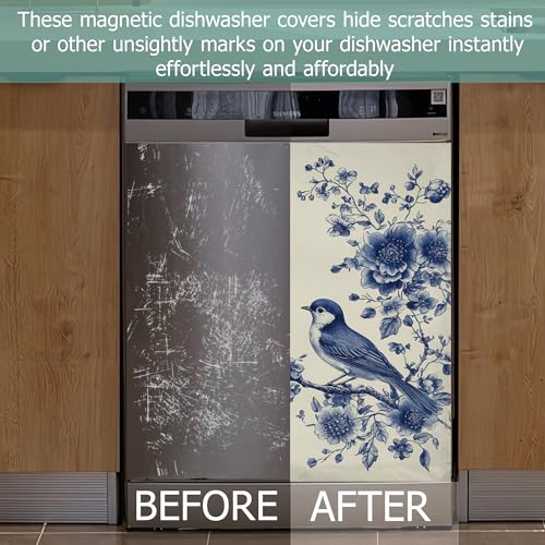 Image of Blue Birds Refrigerator Magnet Cover,Retro Flowers Washable Dishwasher Magnets Decorative Cover,Home Kitchen Decorative Dishwasher Front Panel Cover 23x26 Inch