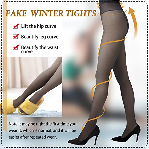Geyoga Fleece Lined Tights Women 2 Pairs Fake Translucent Pantyhose Leggings Winter Warm Thick Tights Solid Colored Hosiery (Black, Brown, 300G+300G) #TOP3