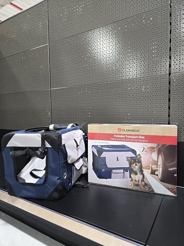 Flamingo Transportkäfig Geronimo blau 35x49,5x35cm - Verstärkter und Faltbarer Rahmen - Herausnehmbarer Boden - Aufrollbare Vorhänge, 3 Staufächer und mit Möglichkeit für eine Trinkflasche