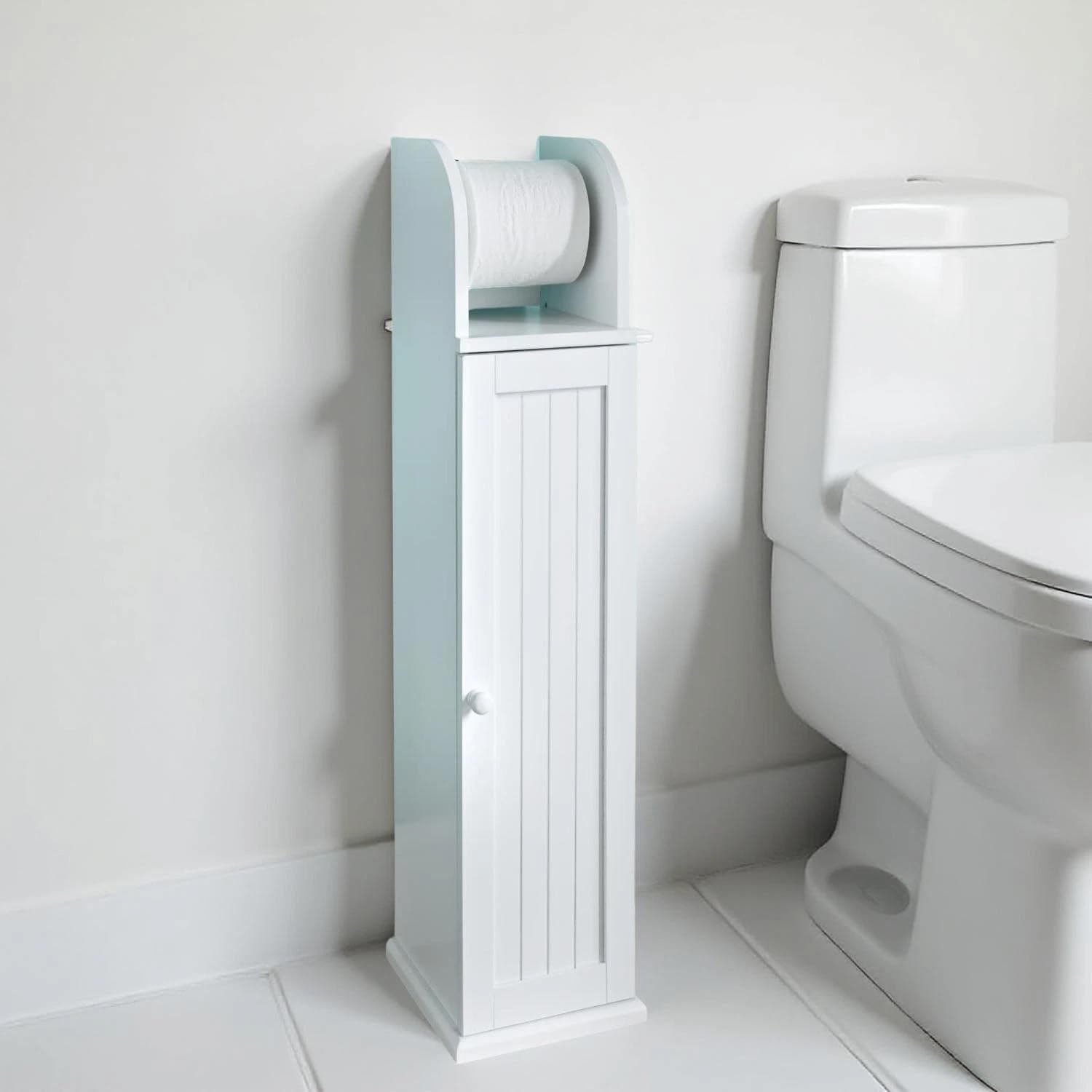 Dylex White Wood Free Standing Toilet Paper Roll Holder Bathroom Storage Cabinet