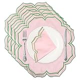 MIKI WELL Scalloped Embroidery Cloth Napkins Set of 4 15'X15' Cotton Napkins for Potluck Party Wedding Table Decor(Round Pink with Green Trim)