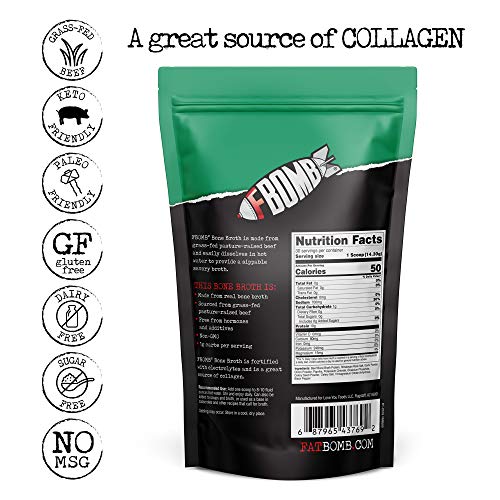 FBOMB Beef Bone Broth Protein Powder - 30 Servings: Keto & Paleo Friendly Soup, Fortified with Electrolytes & Collagen | Grass-Fed, Pasture Raised Beef | Dairy-Free, Gluten Free, Non-GMO | Savory