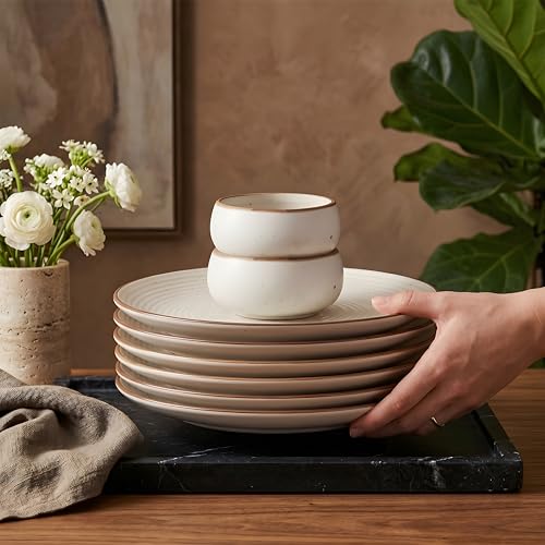 Image of miah decor Quarter Plates Ceramic Set of 6 with 2 Dip Bowls (160ml) - Off White Ribbed Design | Handmade Stoneware Side Plates for Snacks & Dessert | Microwave & Dishwasher Safe | Matte Finish
