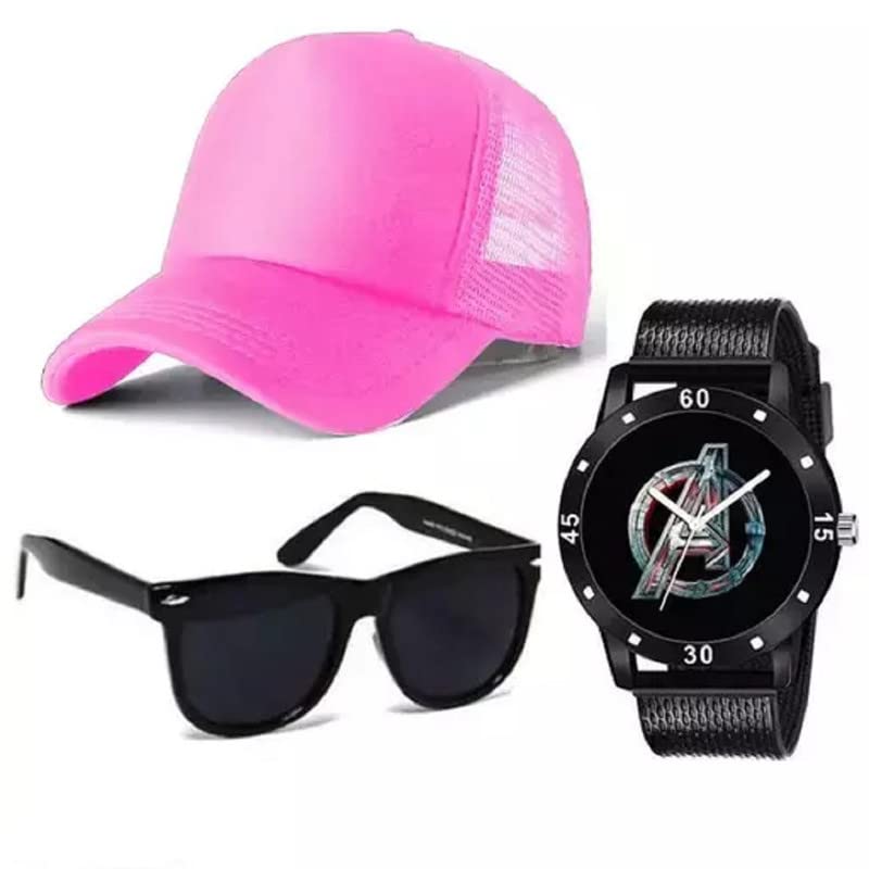 FY LANE Stylish Dial Watch, Stylish Sport Baseball Cap & Stylish Aviator Wayfarer Sunglass for Men's and Boy's (Pack of 3) Pink