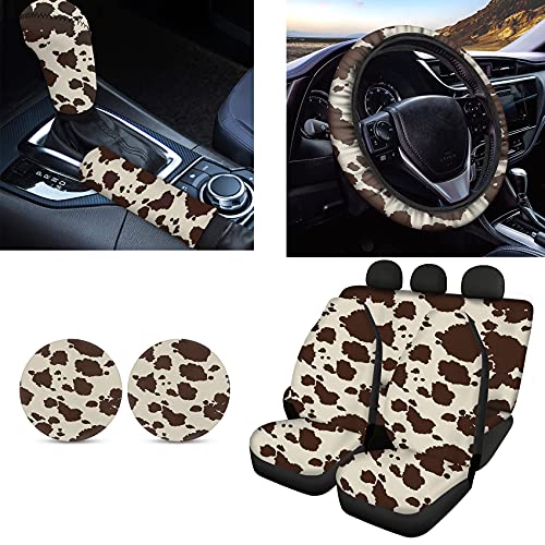 Belidome Brown Cow Print Car Seat Covers Set with Steering Wheel Cover Shift Knob Cover Coasters for Women Men Universal Stretch