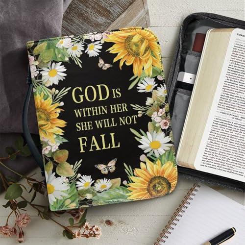 Sunflower Bible Cover for Women Bible Proverb Carrying Case with Handle PU Leather Church Tote Bag with Bookmark Fits for Large Size Books4