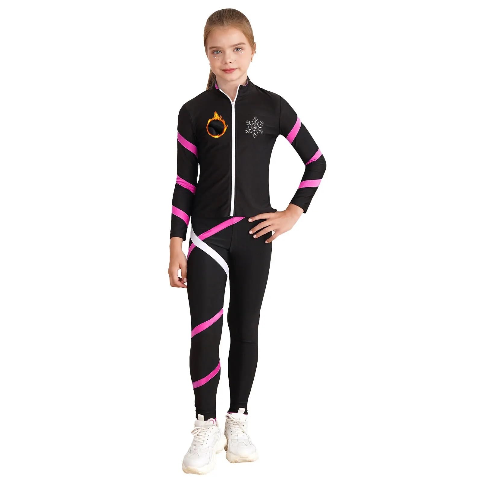 Abbigliamento Bambina Tuta sportiva da bambina for ginnastica, pattinaggio di figura, giacca a maniche lunghe con cerniera con gilet, leggings, allenamento, tuta fitness for yoga(Black Blue Green A,16