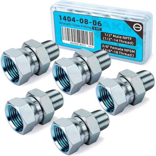 Image of Straight Hydraulic Hose Adapter Fittings, 1404-08-06 1 /2 inch-14 NPT Male Pipe x 3 /8 inch-18 NPSM Female Pipe Swivel Connectors x 5 pack